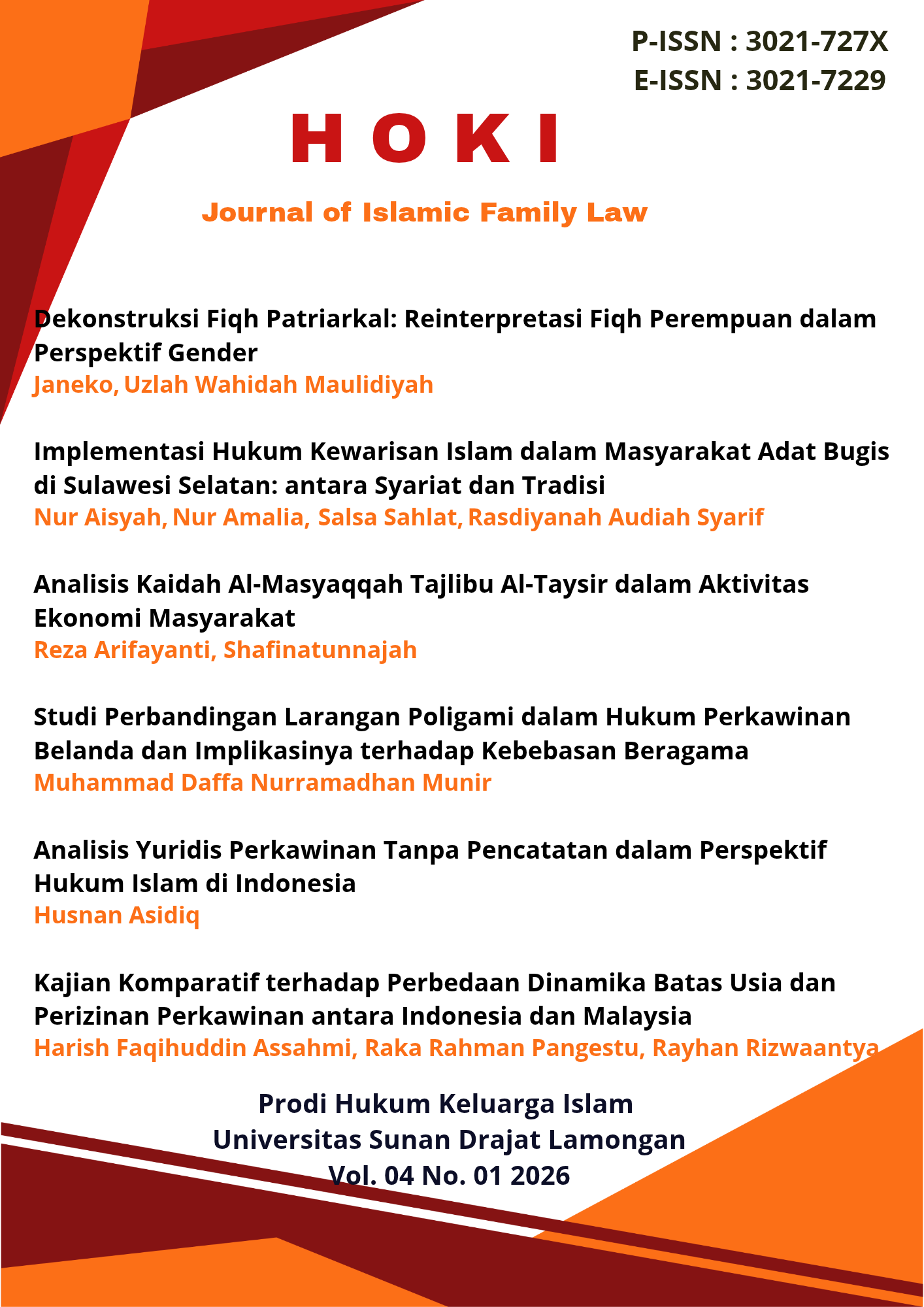 					View Vol. 4 No. 1 (2026): HOKI : Journal of Islamic Family Law 
				
